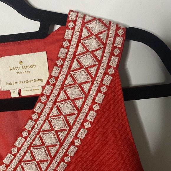 Kate Spade Sz 0 XS Laureen Embroidered Linen Shift Dress Women Red V Neck Lined - Picture 7 of 12